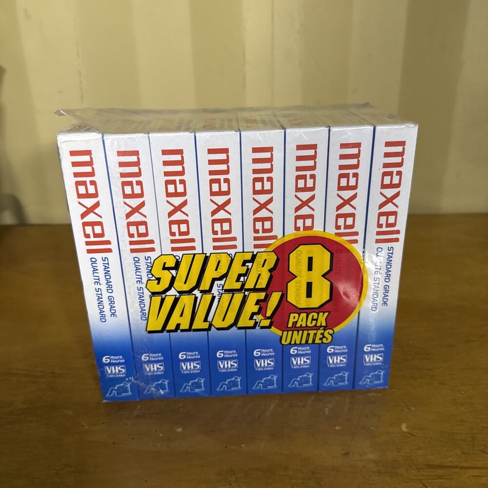 Maxell Standard Grade Blank VHS Tapes 6-Hour Recording Super Value 8-Pack Sealed